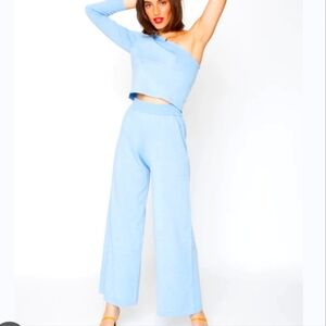 NWT Callahan x Revove Knitwear Julia Wide Leg high Waist Knit Pant Sky Blue M